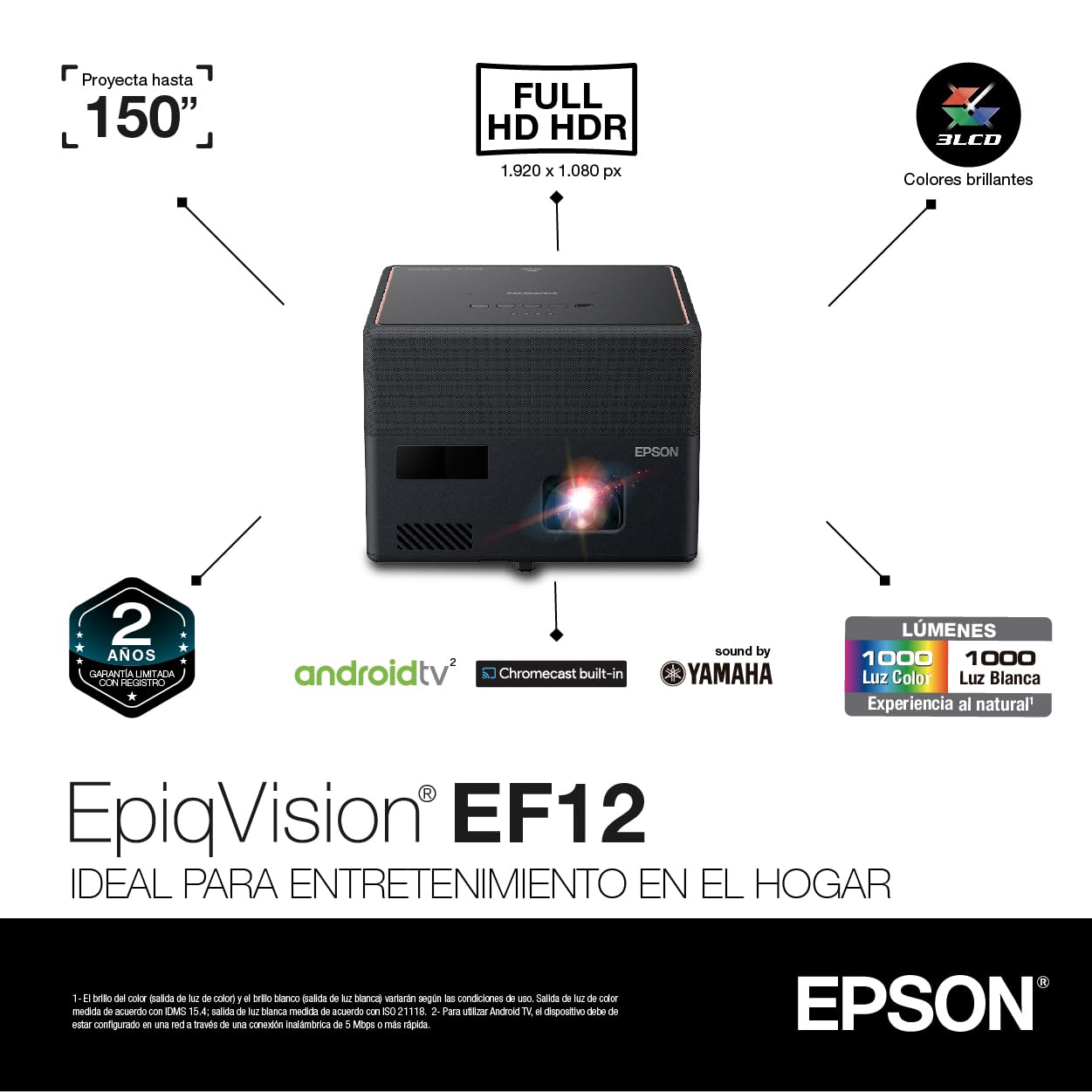 Epson EpiqVision Mini EF12 Smart Streaming Laser Projector, HDR, Android TV, Movies, Family Gaming, Portable, sound by Yamaha, 3LCD, Full HD 1080p, 1000 lumens Color & White Brightness Bluetooth Black