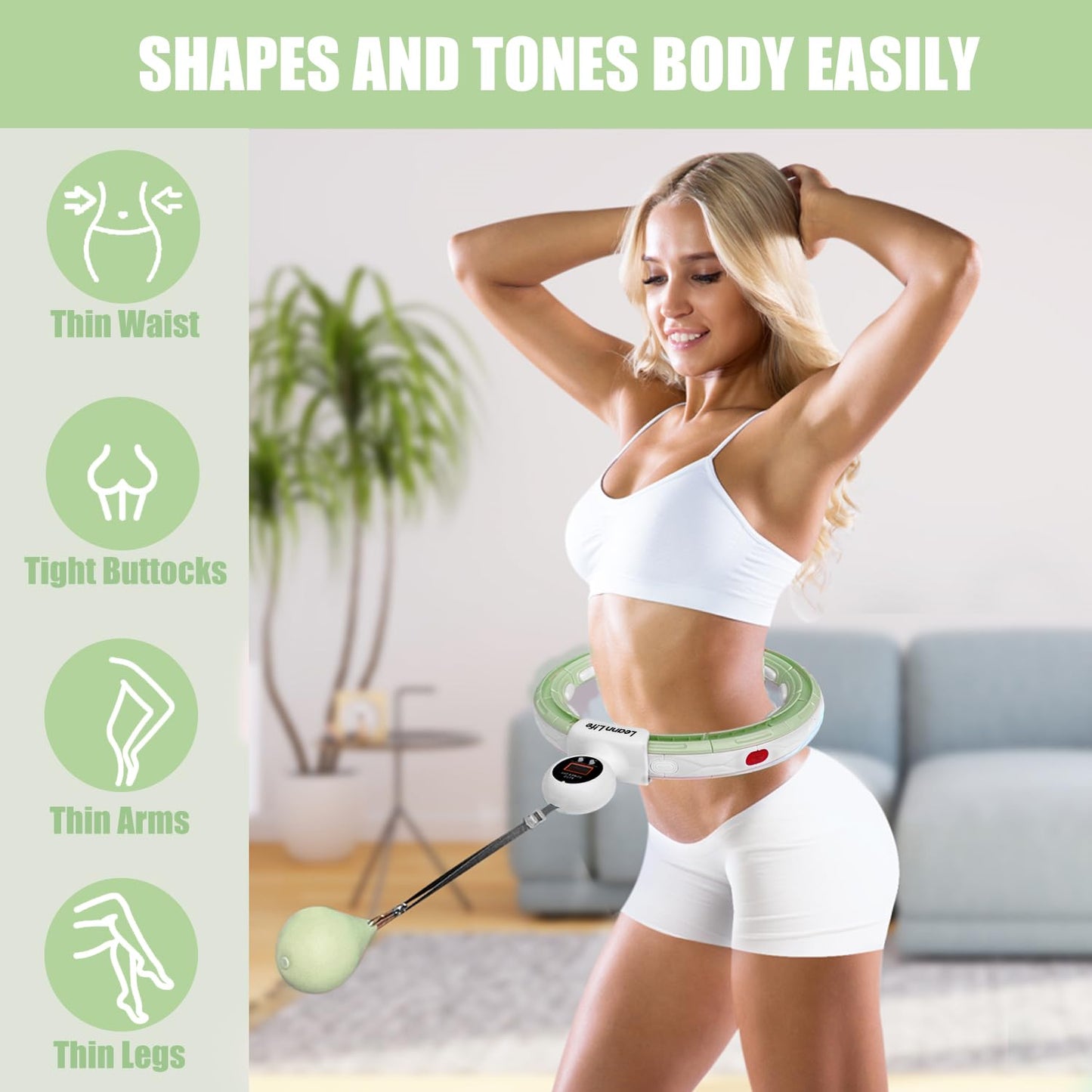 Leann L!fe U5-16 Knots with Counter, U5 Silent Smart Weighted Hula Hoop for Adults Weight Loss Infinity Hoop Plus Size, Home Outdoors Fitness Exercise, Abdominal Toner, (Green-Waist 28"~46")