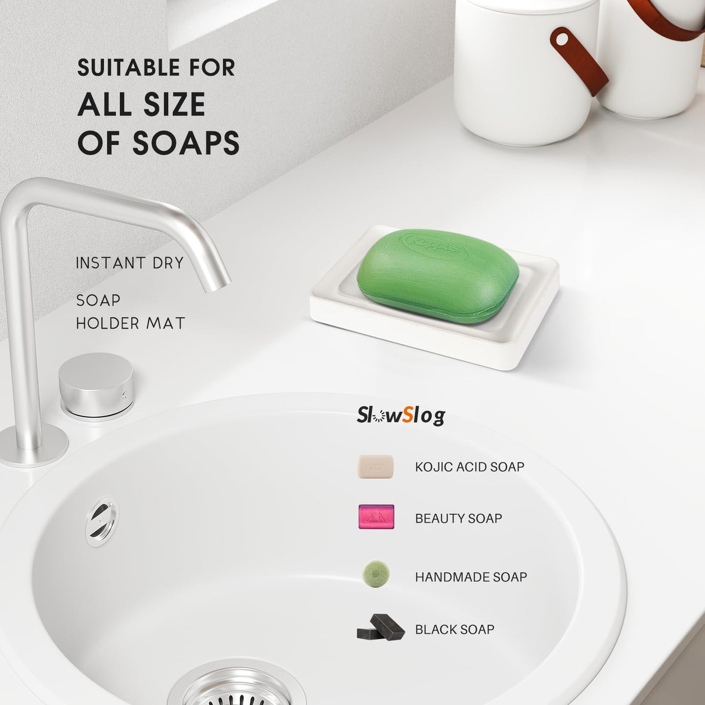 Slow Slog 1 Pack Diatomite Soap Dish Holder, Quick Dry Stone Bath Tray, Diatomaceous Earth Stone Soap Holder, Water Absorbent Rectangular Soap Dish for Bar Soap, White