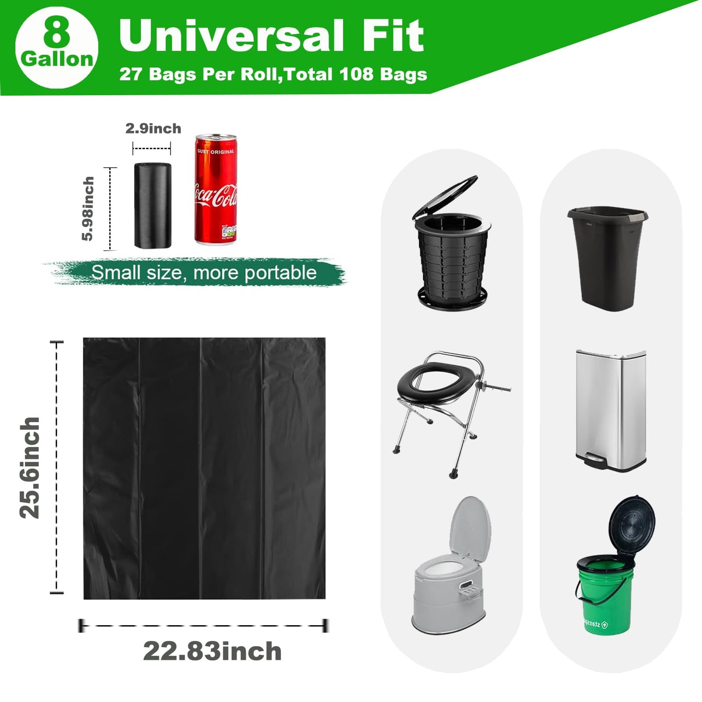 108 Portable Toilet Bags, TALTBREX 8 Gallon Biodegradable Camping Toilet Bags for Portable Potty, Thickened Compostable Trash Bags Toilet Waste Poop Bags for 5 Gallon Bucket Travel Toilet Liners