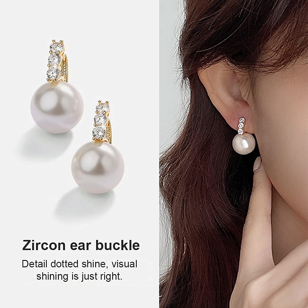 Pearl Earrings for Women 14K Gold Plated Hypoallergenic Pearl Earrings 5A Cubic Zirconia Dangle Earrings Elegant Jewelry (1-Gold -pink)