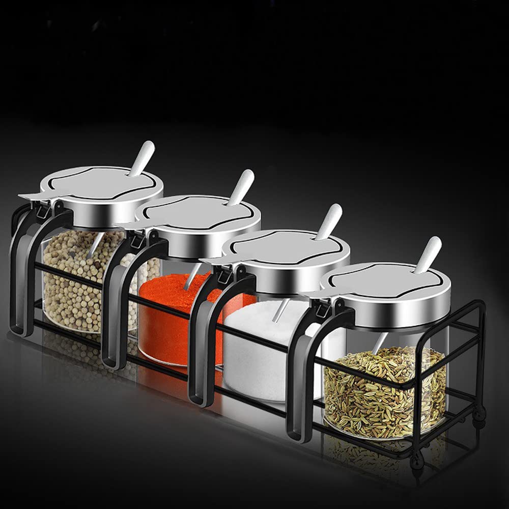 YMYL 4 Pcs Glass Condiment Jars Spice Containers with Stainless Steel Lids, Serving Spoon and Base Rack, 10oz Clear Seasoning Jars Coffee Sugar Pepper Salt Bowls for Kitchen Organization (4 Jars Set)