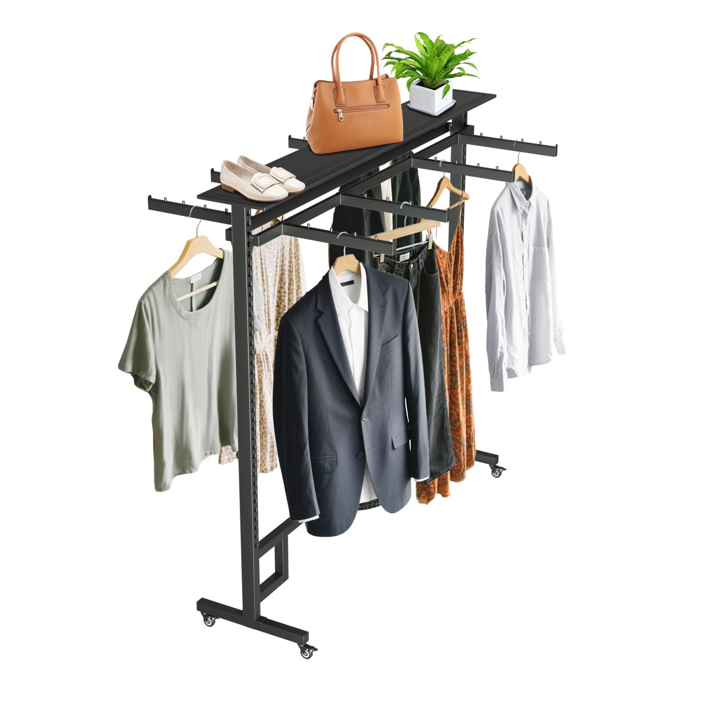 BFECGDXT Retail Clothing Rack with Adjustable 8 Arms, Portable Boutique Display Hanging Stand on Wheels and Top Shelf, Floor Standing Metal Garment Shirts Racks, Black