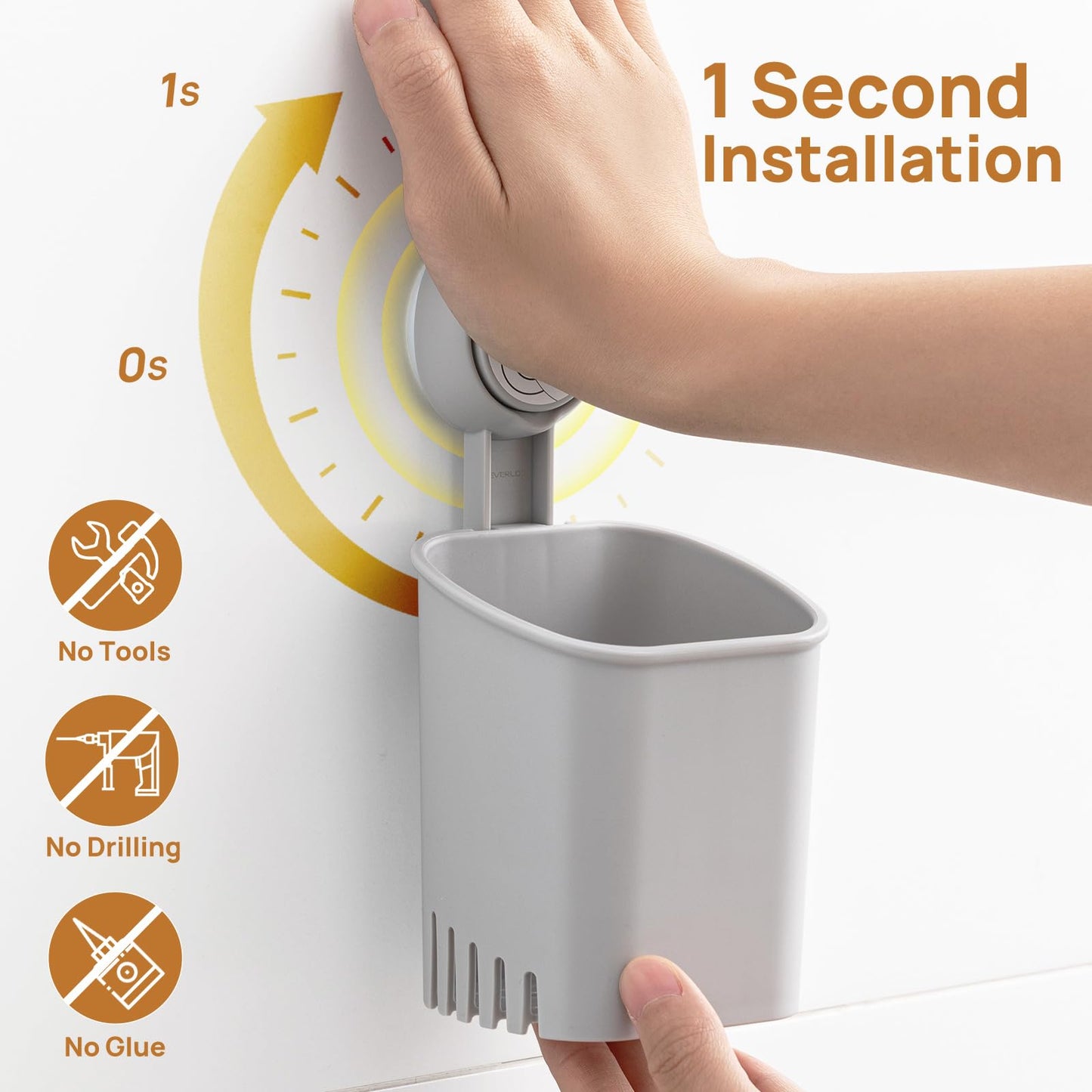 LEVERLOC Powerful Suction Toothbrush Holder 2 Pack, Removable Drill-Free Wall Shower Holder for Toothbrush, Toothpaste, Razor, Self-draining Suction Cup in Shower, Kitchen Tableware Organizer, Gray