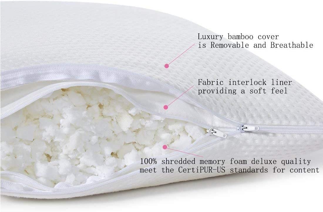 pillowLY Shredded Memory Foam Pillow For Neck Support & Pain Relief - 2 Comfort Zones (Soft & Firm) Adjustable for Stomach Back & Side Sleepers, Best Orthopedic Sleeping Pillow - Bamboo Cover