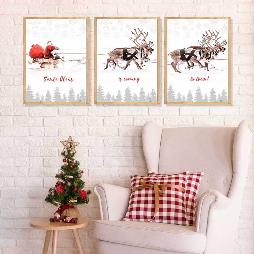 Framed Christmas Wall Art, 3 Pack 12x16 Inch Santa Claus with Sleigh Deer Canvas Pictures for Bedroom Office Home Decor