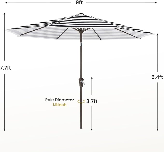 MEWAY 9ft Patio Umbrella Outdoor Table Umbrellas with Push Button Tilt and Crank, Market Umbrella 8 Sturdy Ribs for Deck, Garden, Pool and Backyard, Black-white-striped