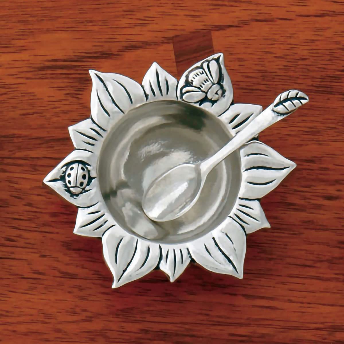 Basic Spirit Sun Flower Salt Bowl with Spoon Pewter Bee Ladybug Cellar Container for Spices Snacks Side Dishes Nature Lover Gift