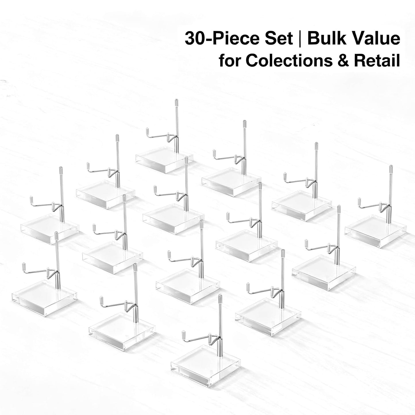 Nyuemystery 30 Pcs 2x2 Inch Adjustable Metal Arm Display Stand with Acrylic Base, Crystal Rock Holder for Mineral Geode Gemstone Fossils Picture Frames Easels
