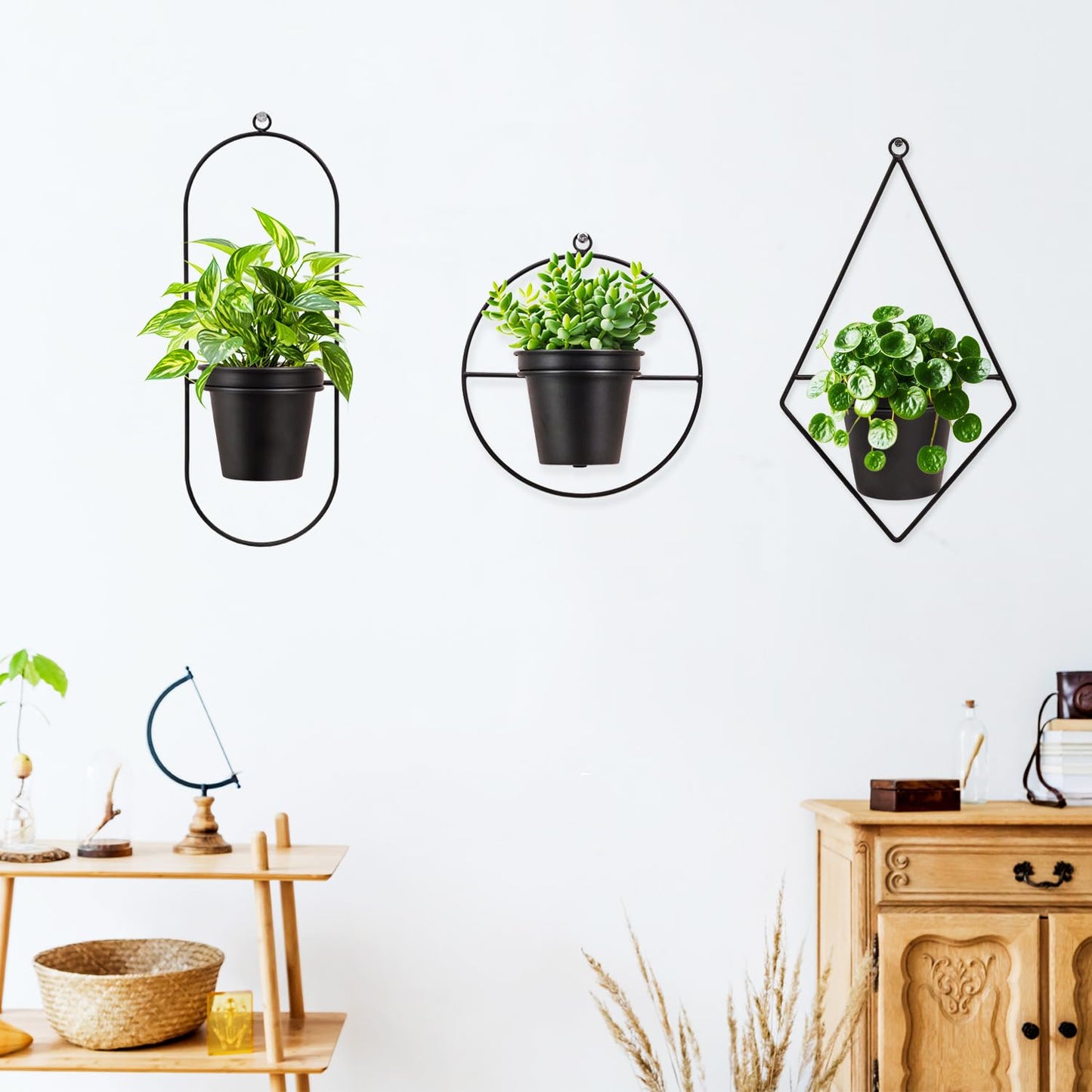 HemePaha Geometric Wall Planters for Indoor Plants Set of 3 Black Metal Wall Mounted Plant Holder (Diamond & Oval & Round Shapes) with 5 Inch Flower Pots, Modern Hanging Planters for Indoor Decor