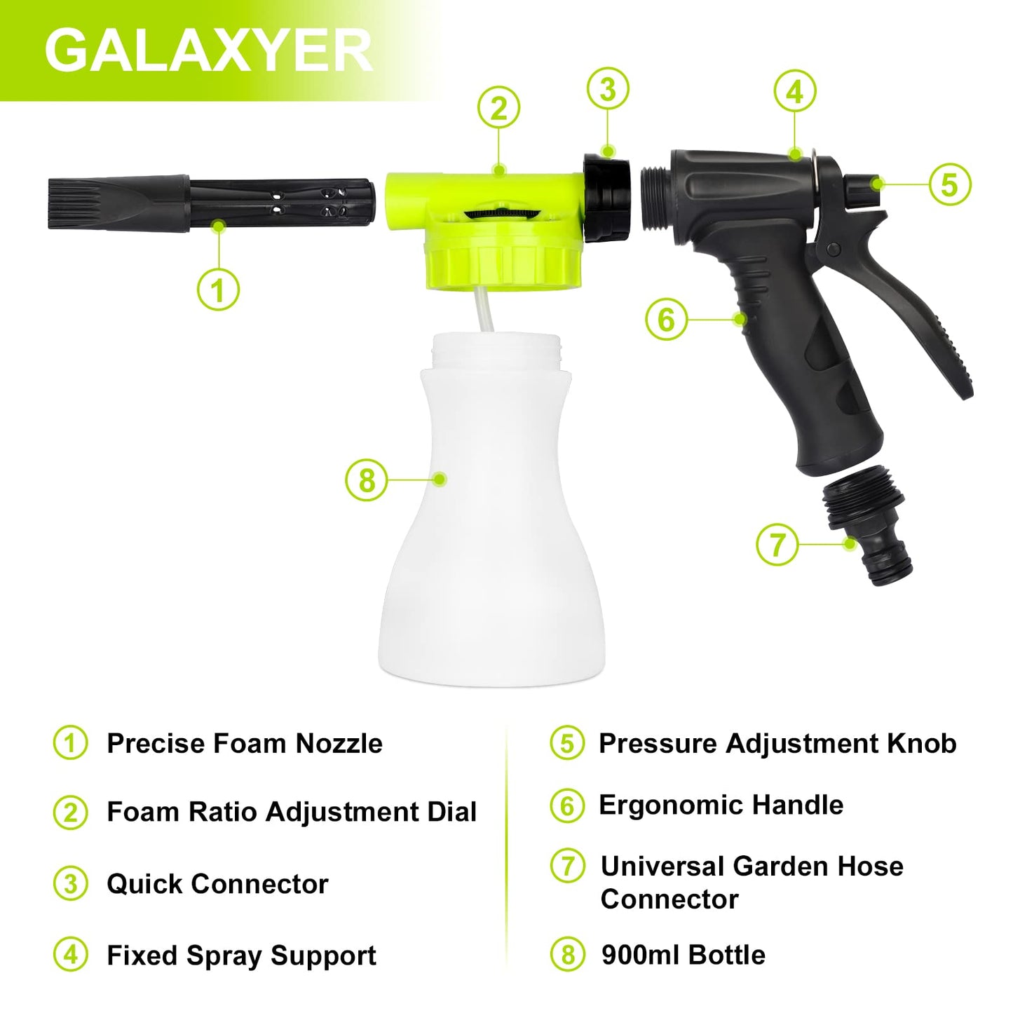 GALAXYER Snow Foam Gun Sprayer, 900ml Adjustable Car Cleaning Lance, Universal Garden Hose Foam Sprayer for Car & House Washing
