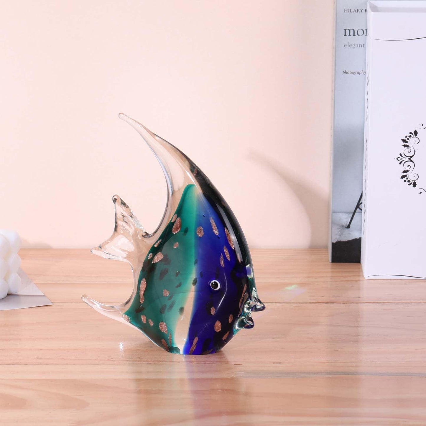 PlivBloom Glass Fish Sculpture – Hand Blown Glass Art, Tropical Fish Figurine, Decorative Ornament, Sea Glass Home Decor, Modern Beach Decor for Living Room, Office, TV Stand, Bathroom (Blue)