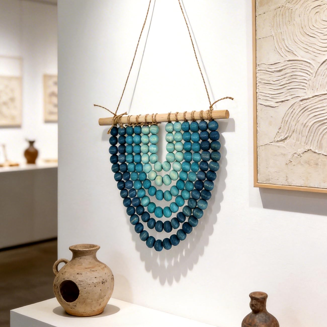 Boho Wooden Bead Garland Wall Hanging Tapestry Ombre Gradient Blue Handmade Wood Beaded Wall Art Natural Theme Coastal Wall Decor for Living Room Bedroom Entryway Apartment Dorm Home Office Decoration