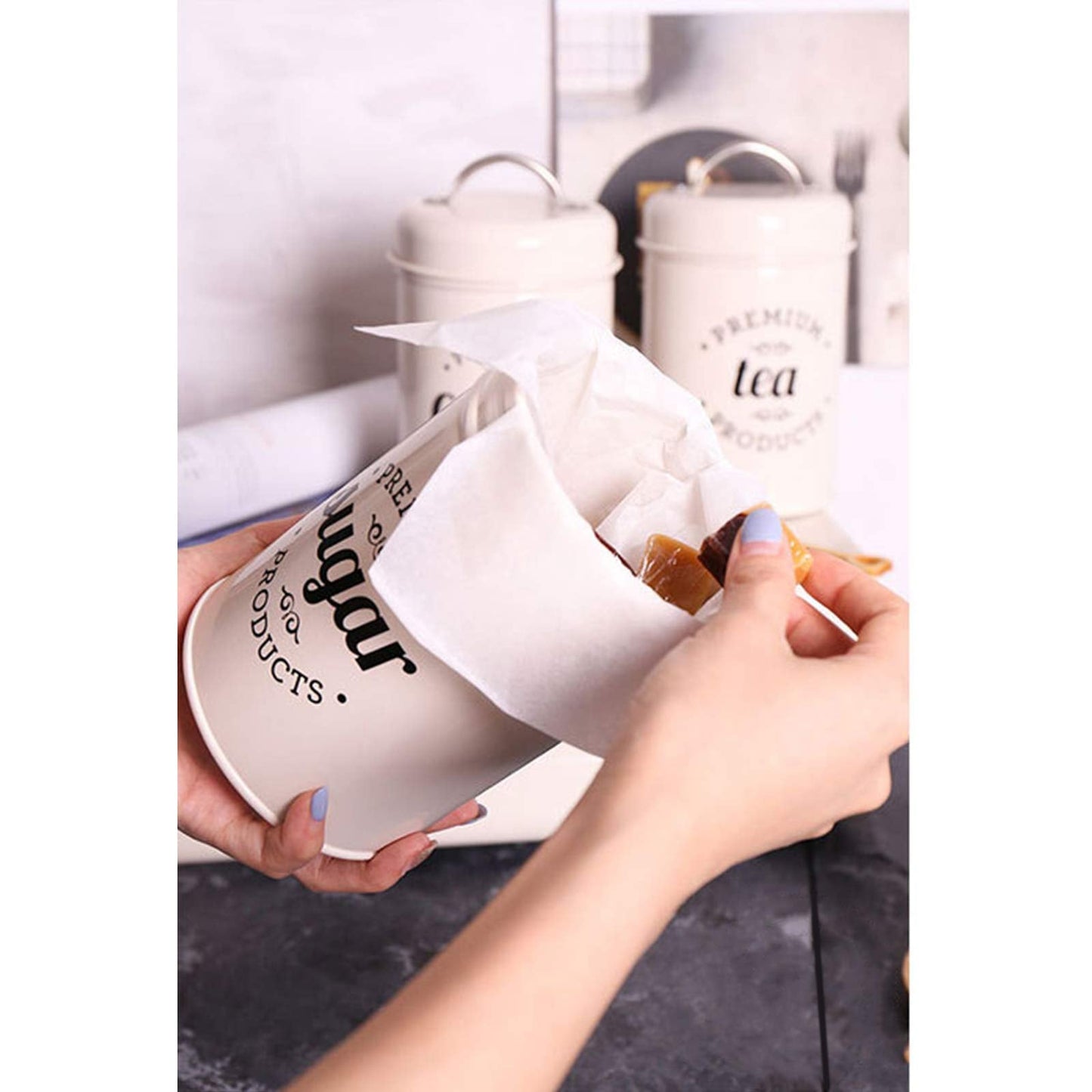Hedume Set of 3 Airtight Kitchen Canister Decorations with Lids, Coffee, Tea, Sugar Metal Containers, Decorative Nesting Kitchen Canister Jars, Food Storage