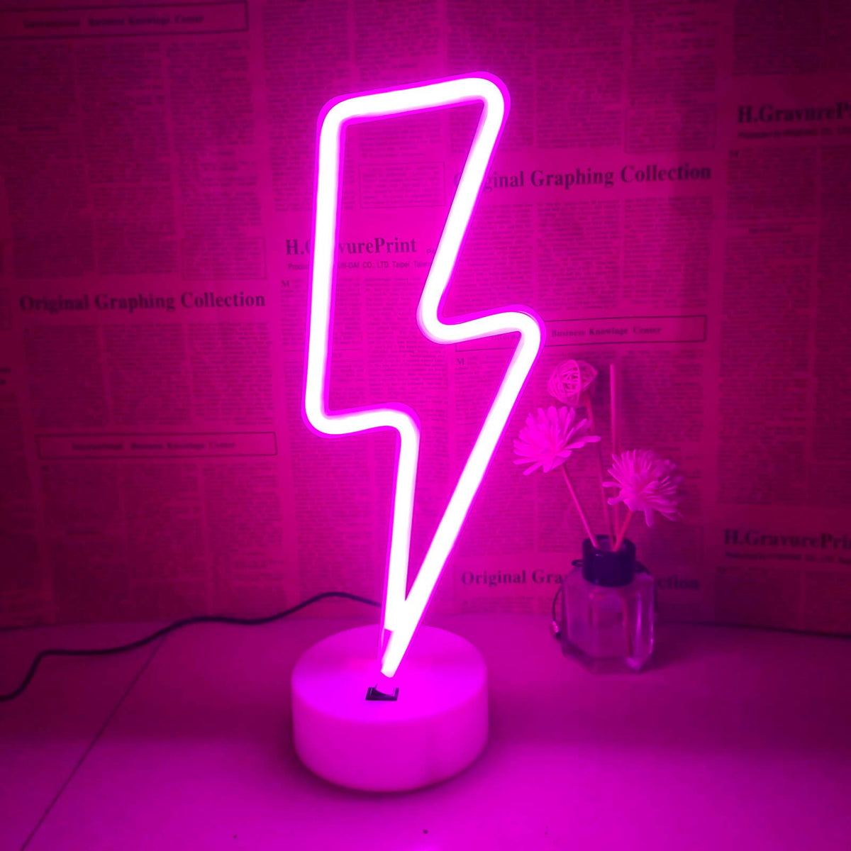 VIFULIN Pink Lightning Bolt Neon Sign, Aesthetic Room Decor for Bedroom, Battery/USB Operated LED Light with Base