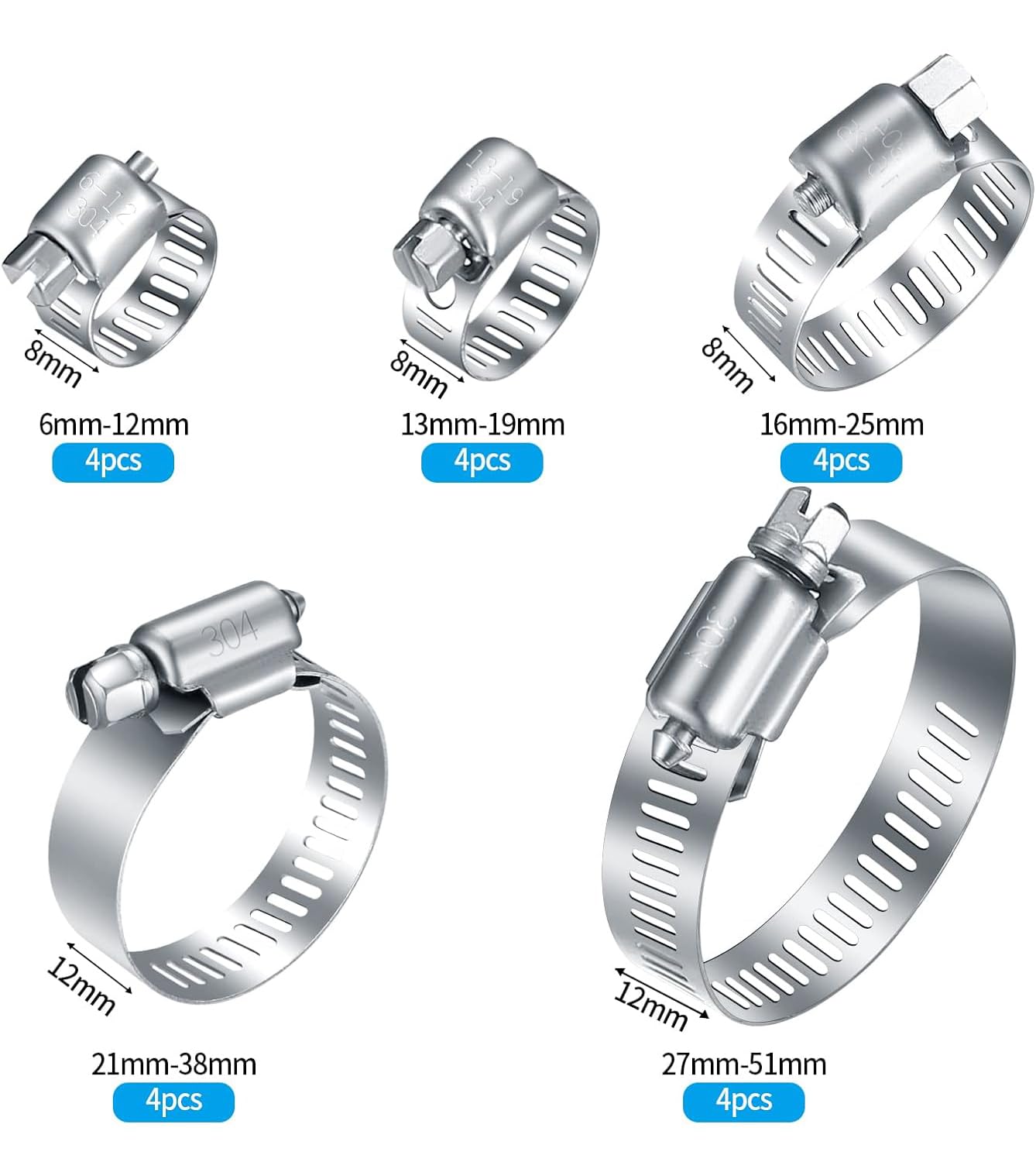 20Pcs Adjustable Stainless Steel Hose Clamps Assortment Kit, 1/4-2 in (6-51mm) Worm Gear Pipe, Fuel LineHeavy Duty for Plumbing, Washing Machine, Mechanical,Garden and Automotive Hose Connections
