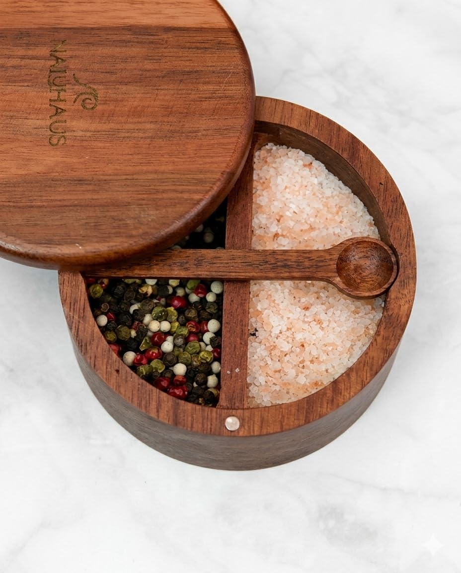 Acacia Wood Salt and Pepper Bowl Set with Swivel Magnetic Lid & Spoon Eco-Friendly Kitchen Countertop Organizer Moisture-Proof Storage for Sea Salt, Spices, Herbs Natural Wood