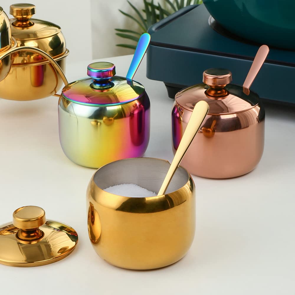 Color ME! Stainless Steel Condiment Pots Color Me Kitchen Condiment Jars with Lids and Spoons Shatterproof Metal Seasoning Jars for Home and Restaurant, Large Capacity, (11.84 Oz), Gold