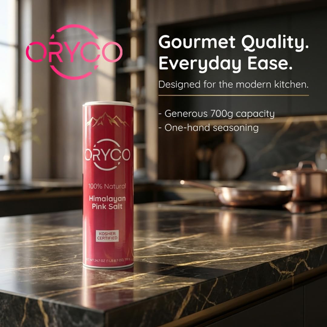 Oryco Himalayan Pink Salt Fine Grain Shaker (24.7 oz) 700g – 100% Natural, Kosher, Non-GMO, Mineral Salt, Easy Pour Shaker for Cooking, Baking, Table Seasoning, Popcorn & Everyday Kitchen Use