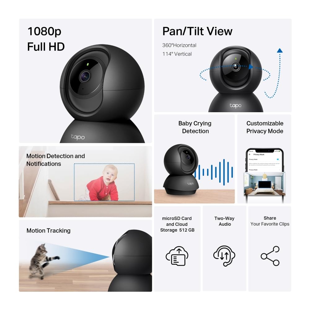 Tapo C201 Pan/Tilt Indoor Camera House Security Camera, WiFi Camera, No Monthly Fee, AI Detection, Dog Camera, Baby Camera Monitor, 1080p Full HD, 360ยฐ View, Night Vision, Works with Alexa & Google
