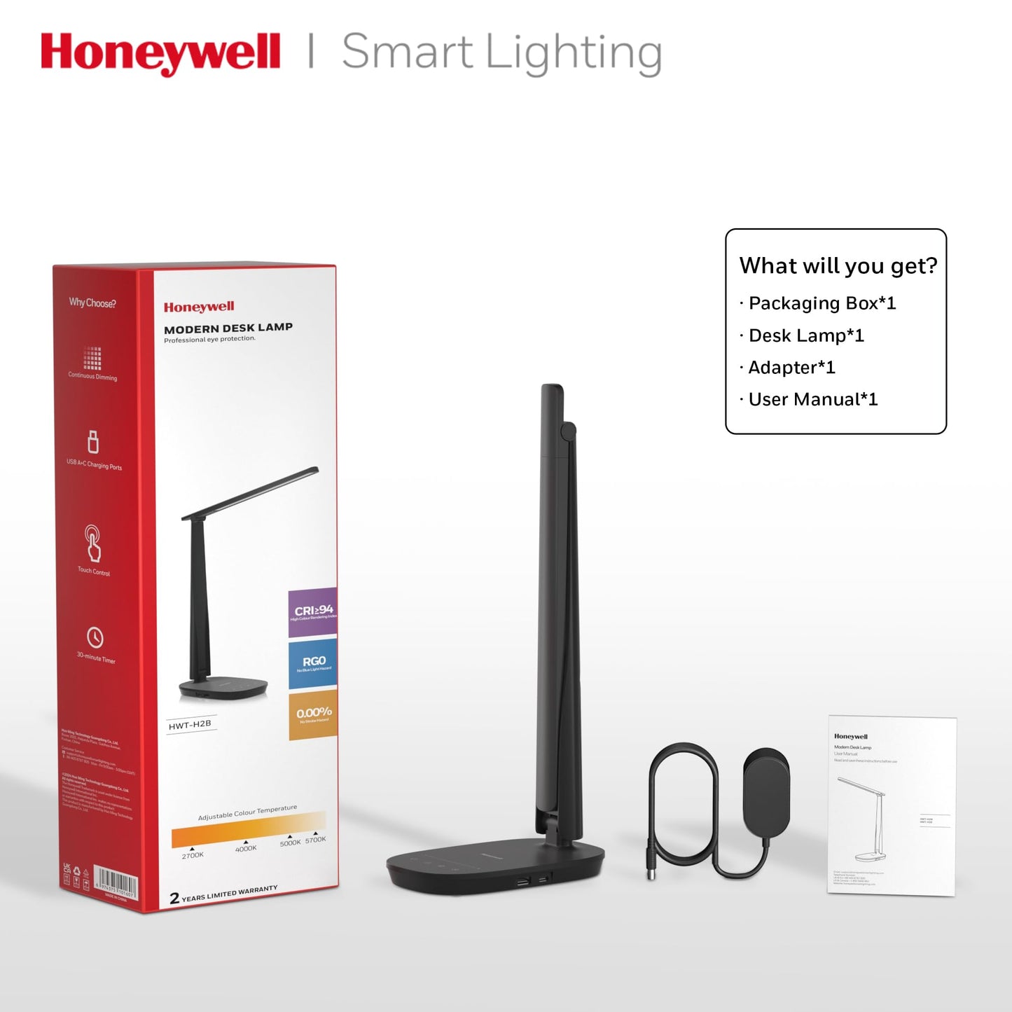 Honeywell HWT-H2 LED Desk Lamp for Home Office, CRI94 Full Spectrum Eye-Caring Light, Dimmable Table Lamp with USB-A & USB-C Charging Ports, Foldable Touch Control Reading Lamp, Black