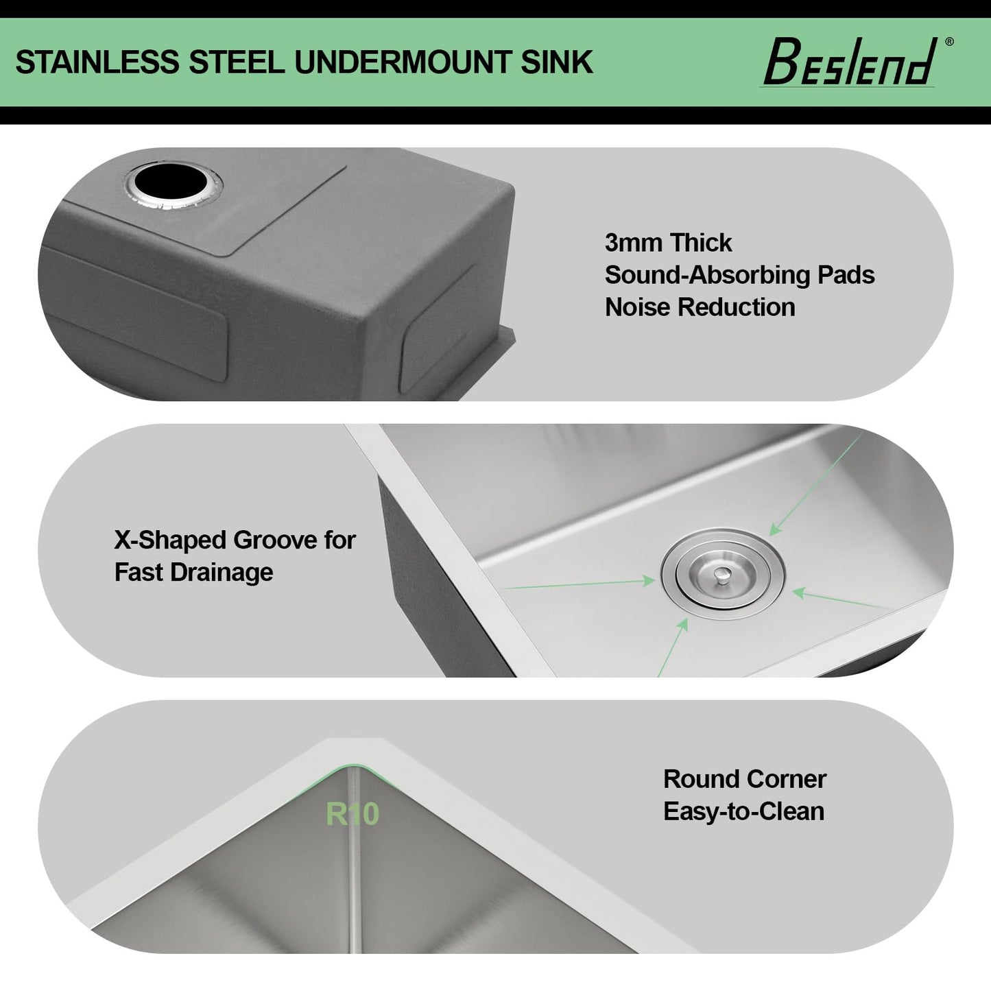 30 Inch Undermount Kitchen Sink - Beslend 30x18x10 Inch Undermount Stainless Steel Kitchen Sink 16 Gauge Single Bowl Round Corner Under Counter Basin