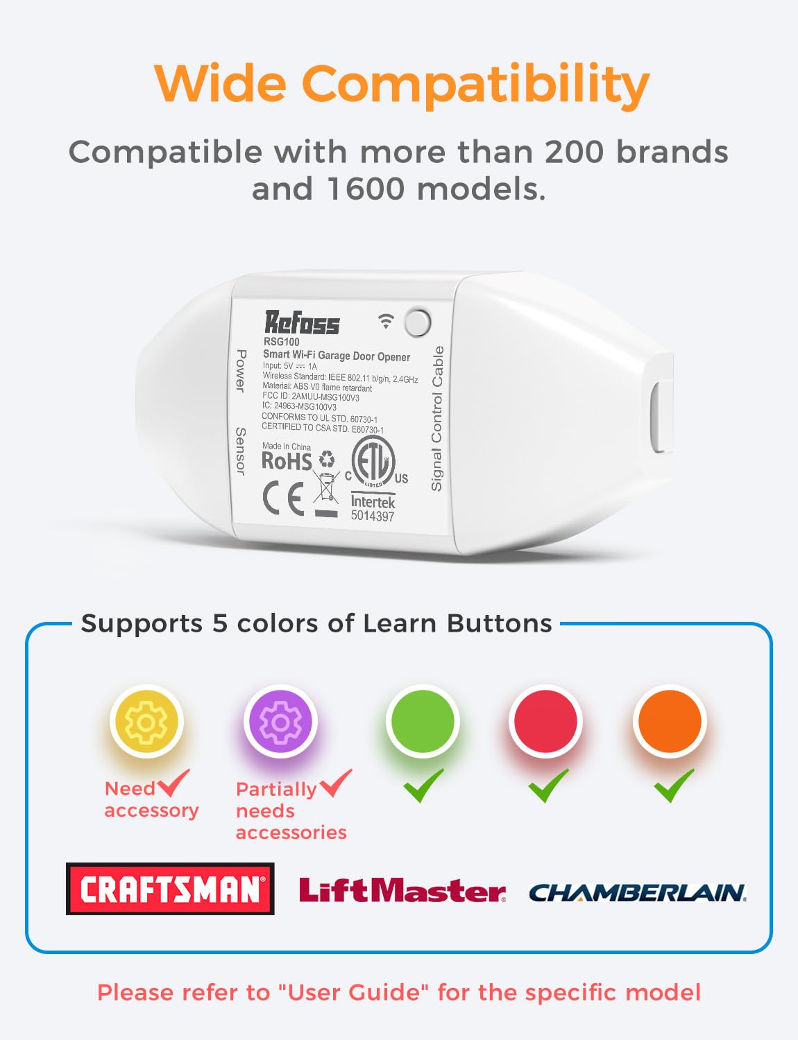 Smart Wi-Fi Garage Door Opener, Compatible with Apple HomeKit, Siri, Alexa & Google Assistant, Carplay, App Remote Control, Only Support 2.4GHz Networks