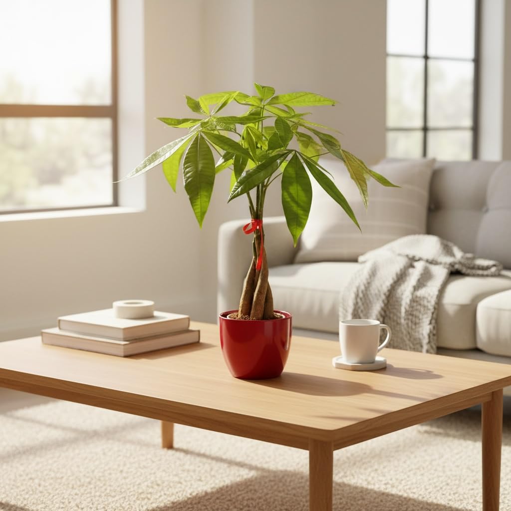 Hopewind Plants Shop Money Tree Live Plant | 14-22 Inches Tall Bonsai | Easy to Grow Indoor Houseplant | Home, Office, or Room Decor | Birthday, Housewarming Gift (Red)