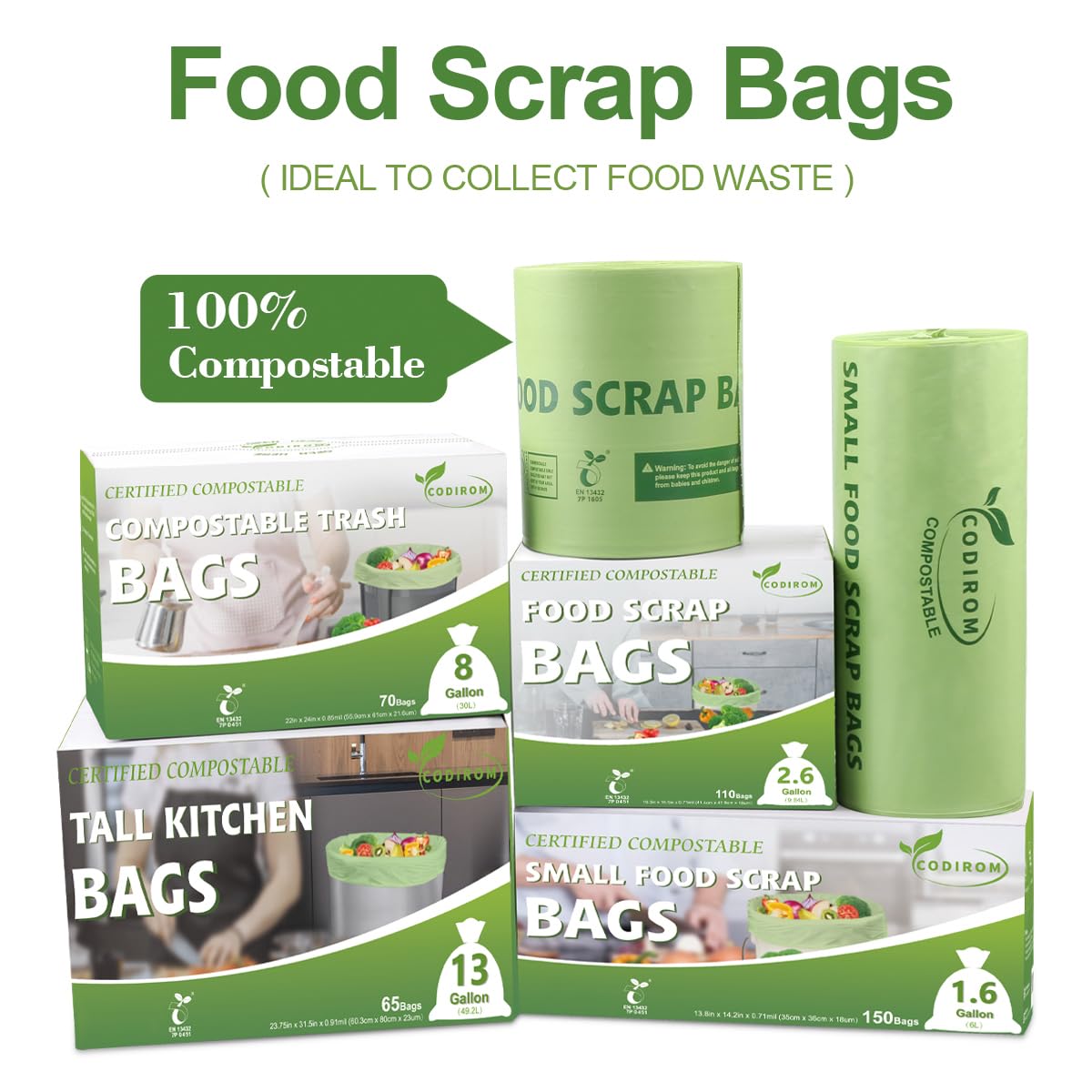 100% Compostable 1.6 Gallon Trash Bags, 6 Liter, 150 Count Kitchen Food Scrap Small Compost Bags for Countertop Bin with Europe EN13432 Certified