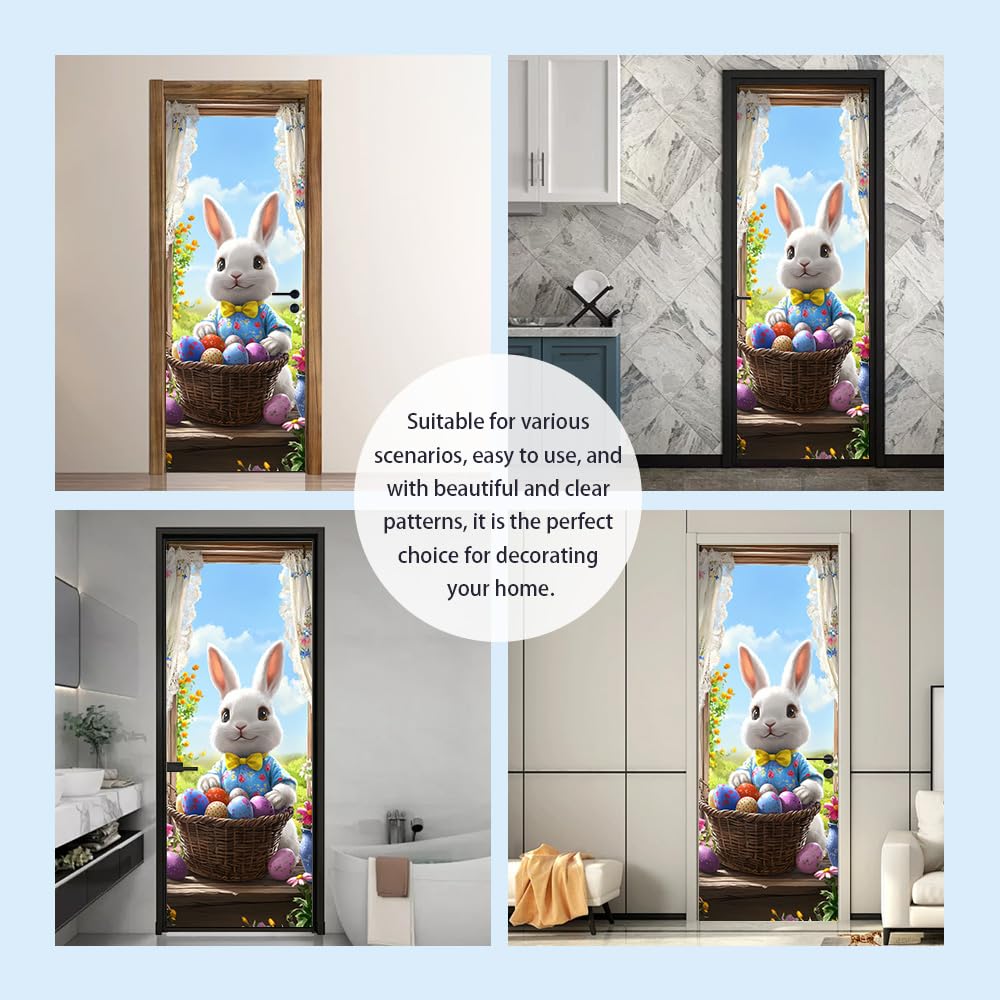WDESYADMS PVC Self Adhesive Door Sticker 30.3x78.7 Inch Easter Bunny with Basket of Eggs Design Peel and Stick Decorative Door Decal for Bedroom Living Room Entryway Spring Home Decor