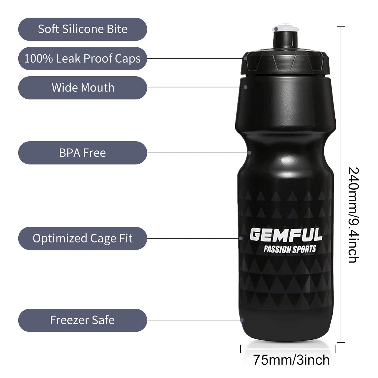 GEMFUL 24 oz Cycling Water Bottle and Cage Set BPA Free Bike Water Bottle Holder Combo Leak Proof Lightweight 750ml Fits MTB Mountain Road Bicycle (Black)