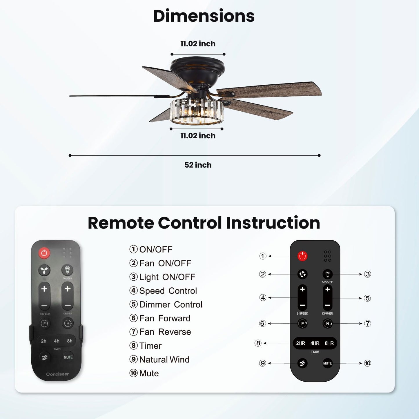Chandelier Crystal Ceiling Fans with Lights, 52 Inch Chandelier with Light and Remote for Bedroom Living Room Kitchen Office, 3CCT, 5 Blades 6 Speed Reversible Dimmable Quiet DC Motor Burlywood
