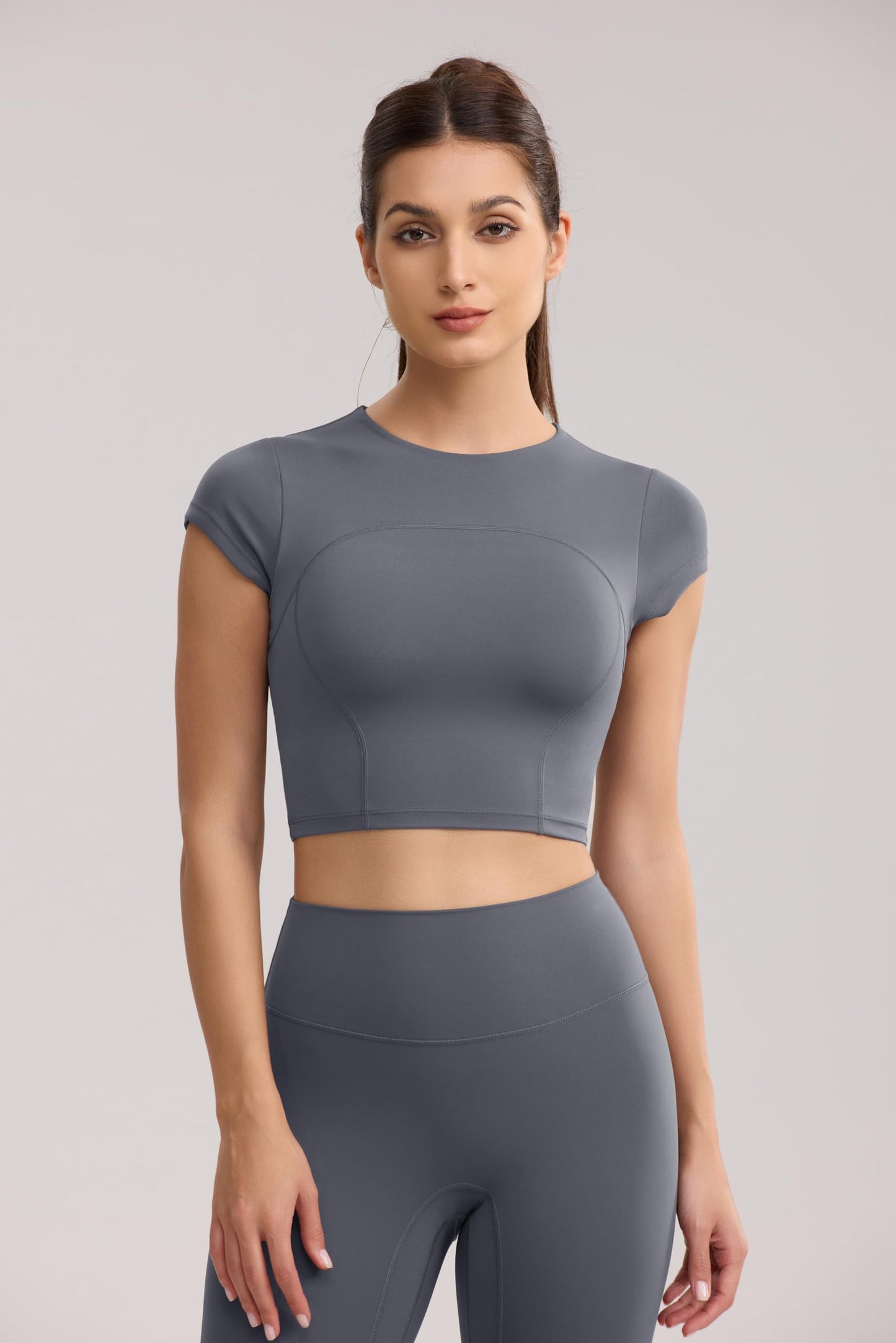 ENERBLOOM Workout Crop Tops for Women Yoga Short Sleeve Mild Support Slim Fit Cropped Athletic Shirts Gym Tee Built in Bra Gray Medium