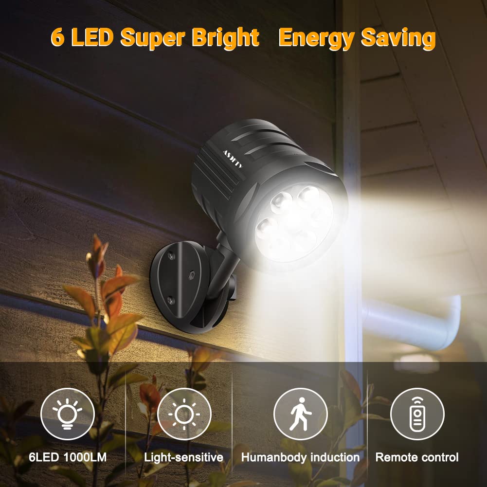 Security Lights Outdoor Motion Sensor, ASOFTY 6 LED 1000 Lumen PIR Wireless Spotlights with Remote Control, IP65 Waterproof 6000K Motion Flood Light for Garage Yard Porch and Patio