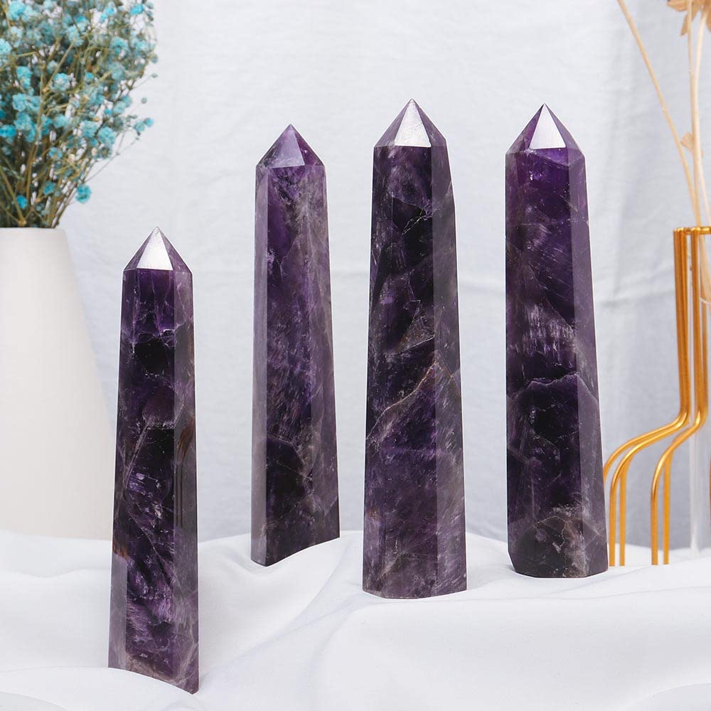 Apengshi Amethyst Large Crystal Tower Natural Dream 5.9"-6.3" 6 Faceted Single Point Chakra Healing Crystal Wand Energy Meditation Stone Home Decor Collection Gift