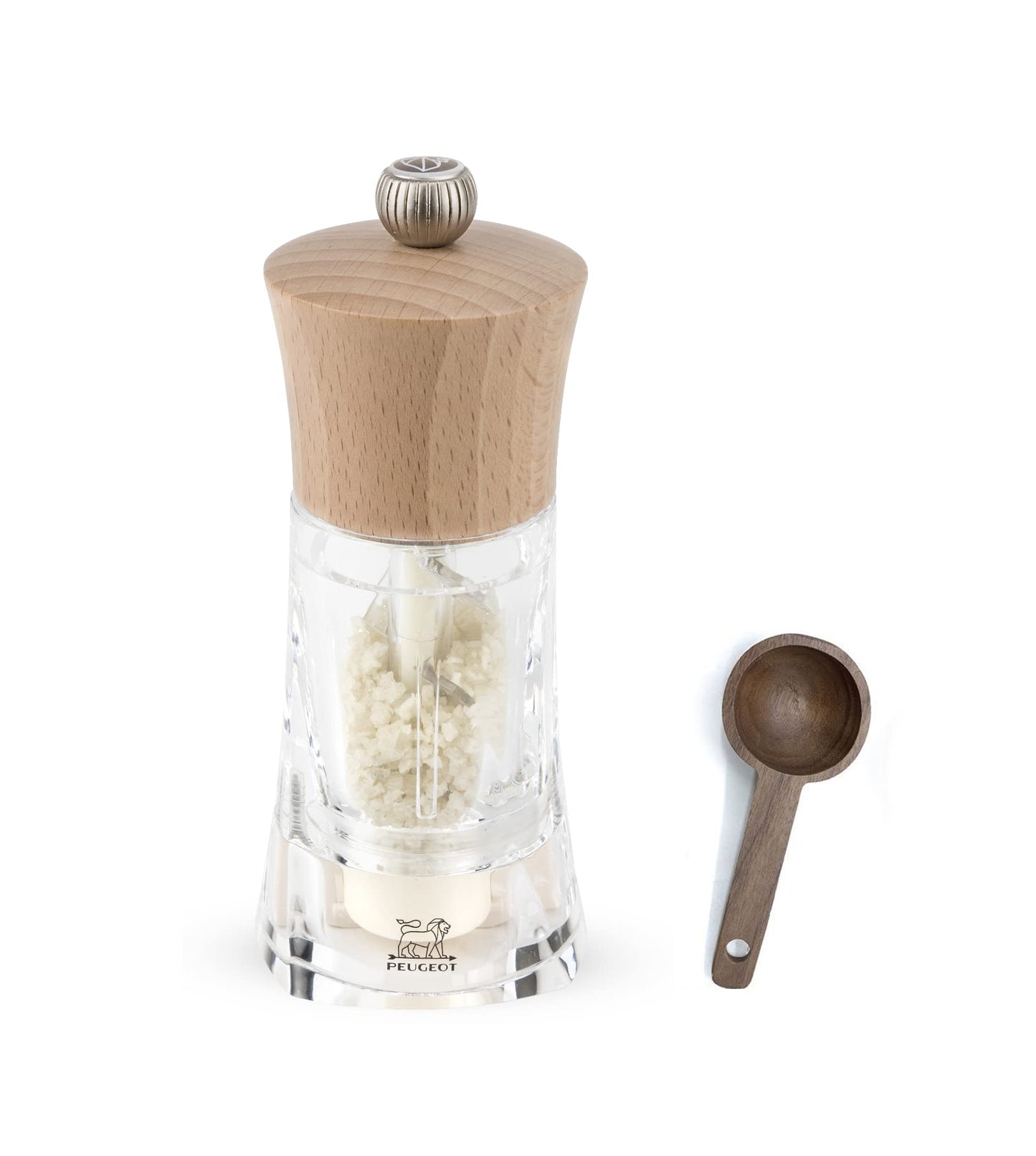 Peugeot - Oleron Manual Mill Zirlion Wet Sea Salt Mill - Transparent Adjustable Grinder - Acrylic and Beechwood, Natural, 5.5 Inches - With Wooden Spice Scoop Spoon