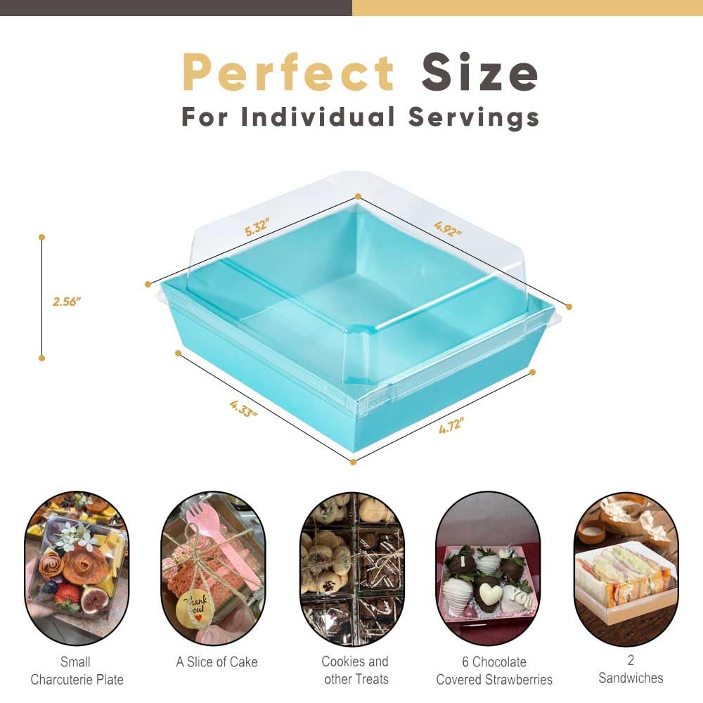 Leafiew 50 Pack Small Charcuterie Boxes with Clear Lids - To Go Paper Mini Charcuterie Box, Disposable Food Containers, 5Inch Dessert Boxes - Sandwich, Cookie, Sushi, Cake Slice, Strawberries (Blue)