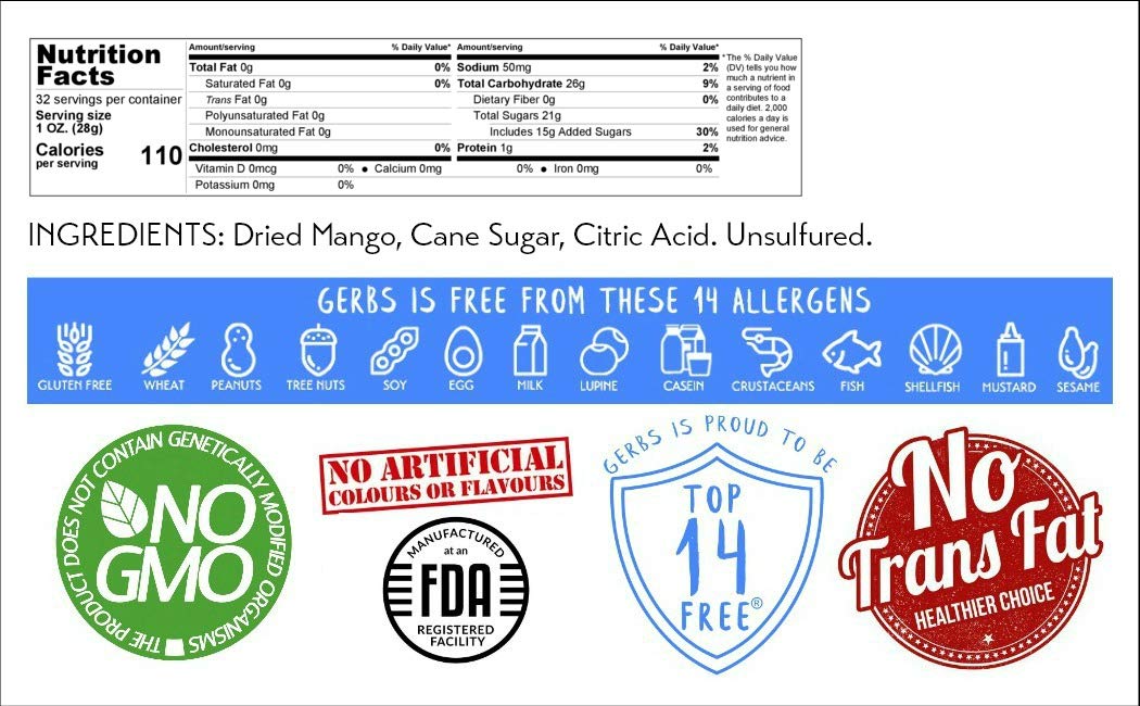 Gerbs Sweetened Dried Mango Slices 2 lbs. | Unsulfured, No Additives, Resealable Bag | Naturally Chewy & Sweet | Top 14 Allergen-Free