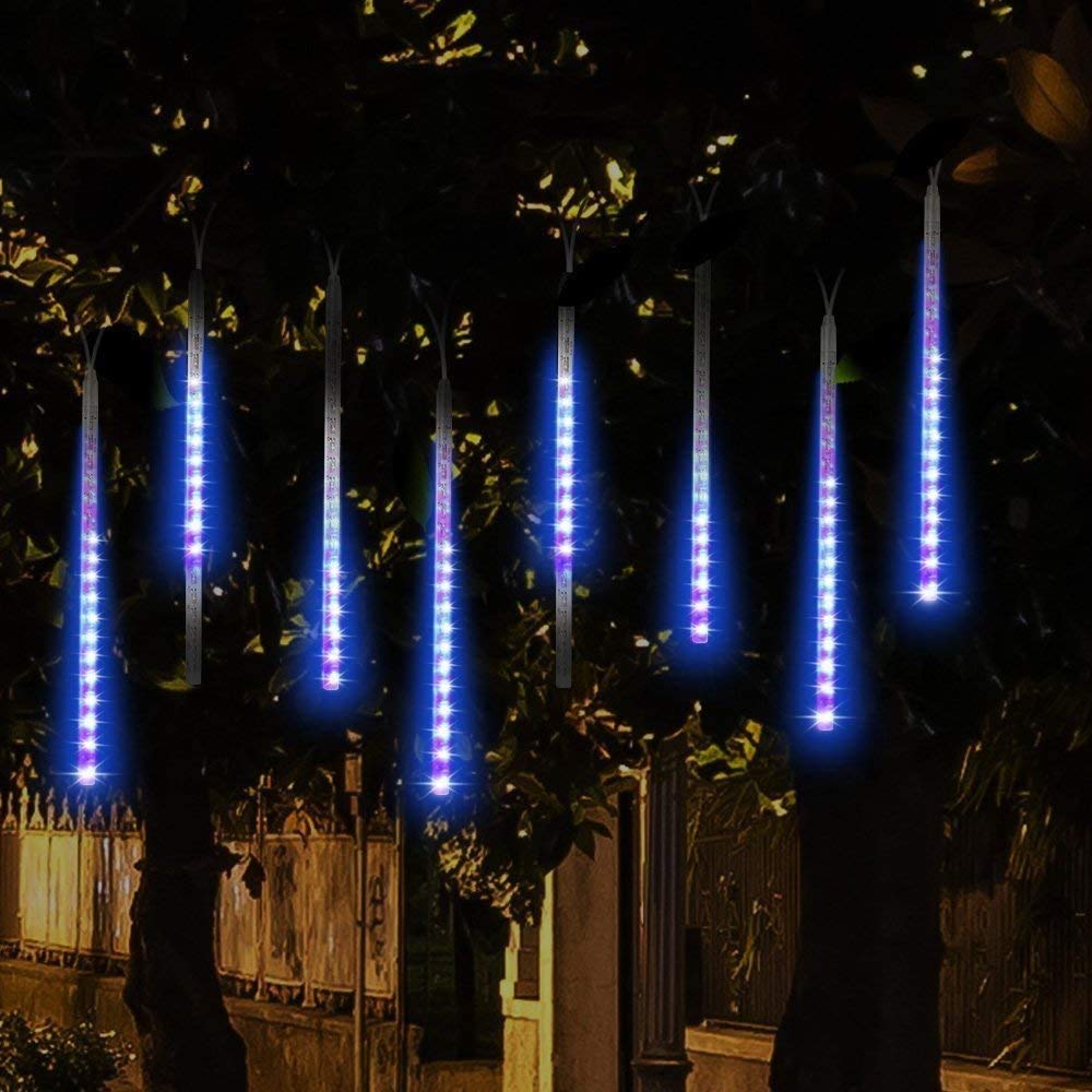 Weepong Meteor Shower Lights Outdoor Christmas Lights UL Certified Falling Rain Drop Snowfall Icicle Cascading String Light for Xmas Holiday Tree Wedding Party Garden Decor Blue, 12 Inch 8 Tubes