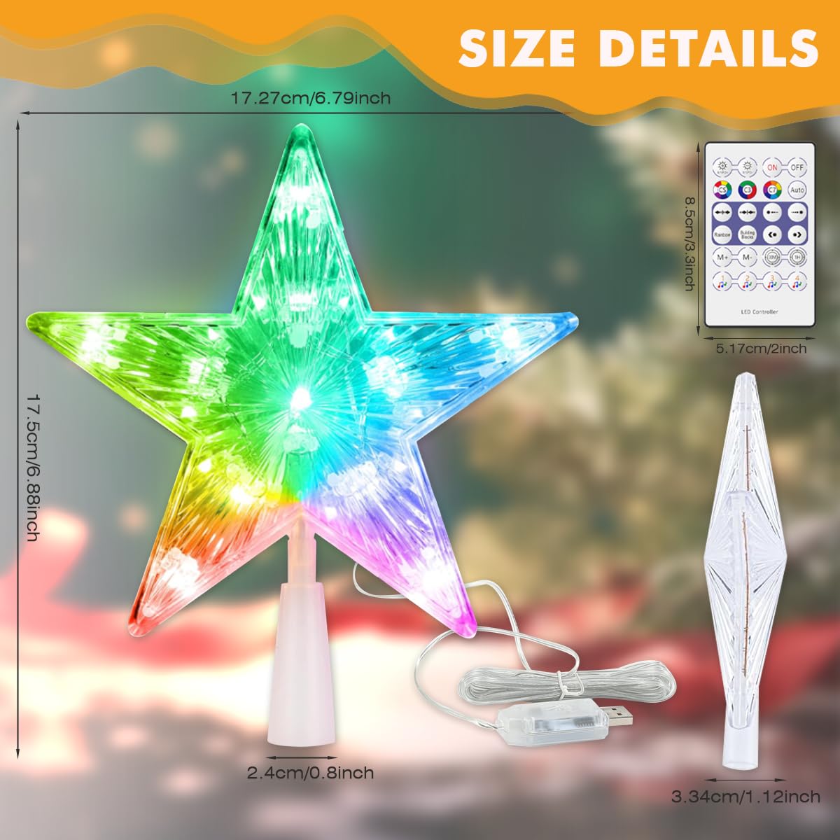 7In Smart Christmas Tree Topper Star, LED Lighted Star Tree Top, Star RGB Night Light Treetop, APP/Remote Remote, Sync Musical, for Xmas Holiday Party Gift Décor, Charging Plug not Included