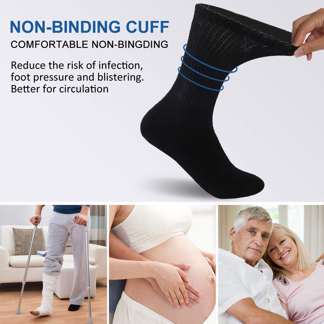 6 Pack Women Cotton Diabetic Non Elastic Loose Socks Gentle Grip Wide Top Ladies Diabetic Socks for Poor Circulation Non-Binding Seamless Soft Top Socks Hosiery Size 4-7 (Black - 6 Pairs)