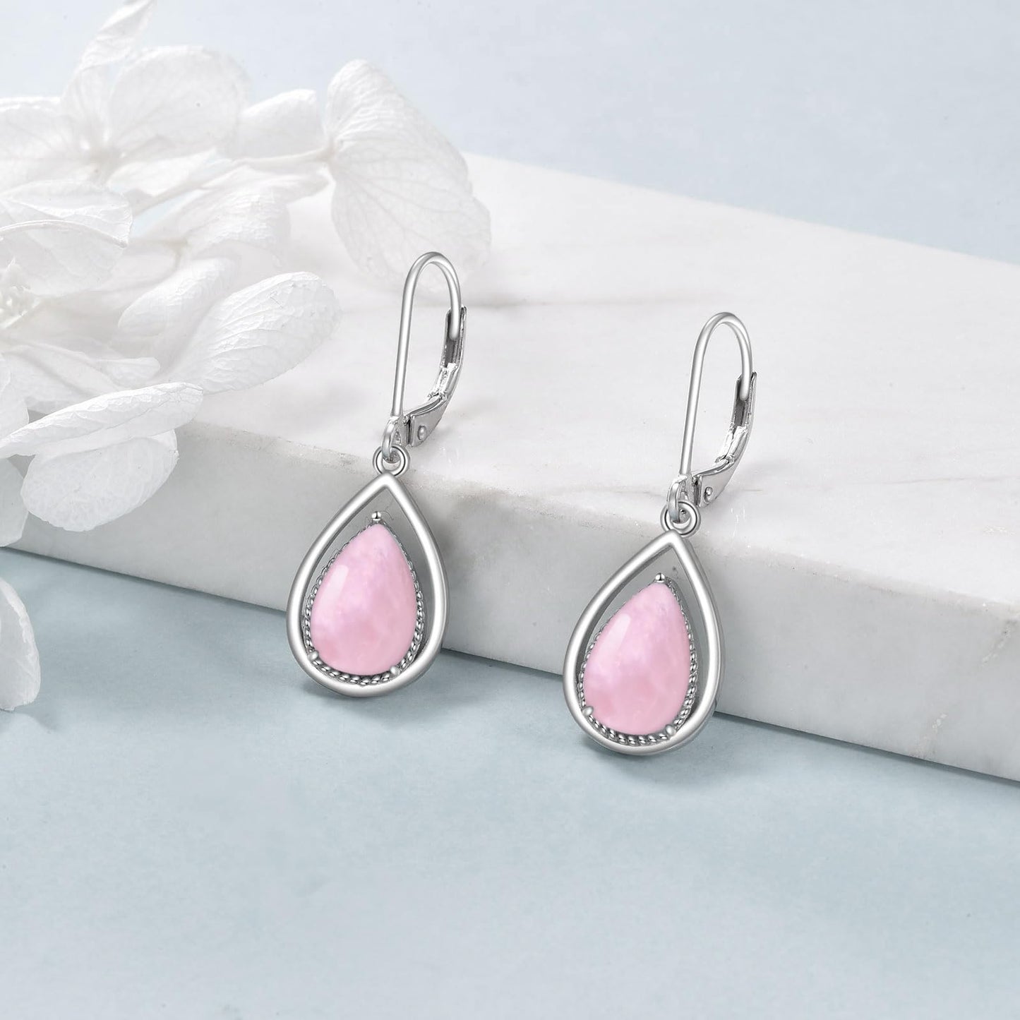 VONALA Valentine's Day Gifts 925 Sterling Silver Rose Quartz Leverback Earrings Pink Stone Teardrop Drop Dangling Earrings Jewelry Gift for Women