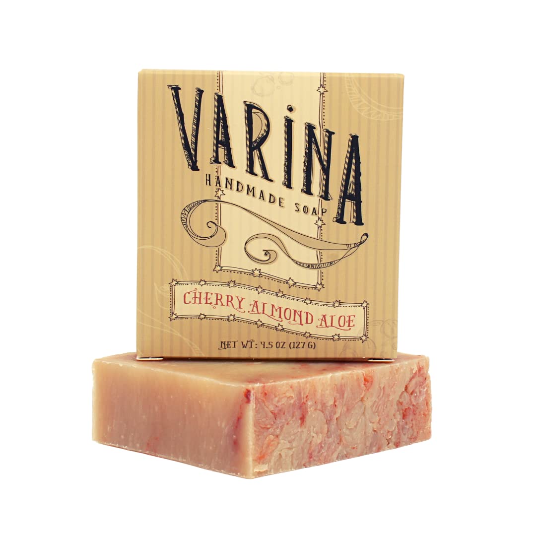 Varina Natural Cherry Almond Aloe Bar Soap - Gentle Cleansing for Sensitive Skin, Spicy - 3 Pack - Experience Healthy and Glowing Skin