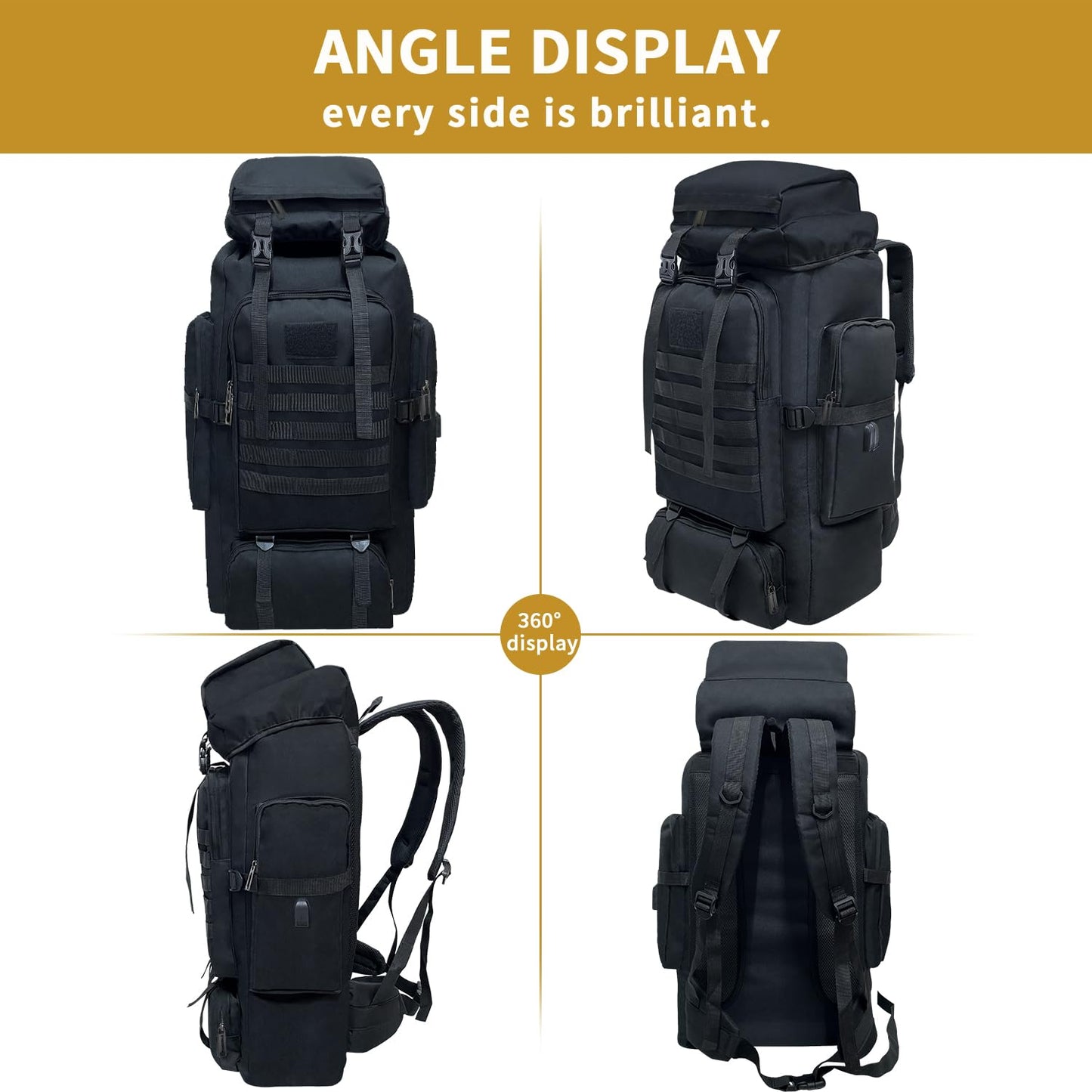 Vaupan Hiking Backpack, 80L Camping Military Tactical Backpack with USB Charging Port, Waterproof Large Travel Daypack Outdoor Molle Rucksack for Men Women (Black)