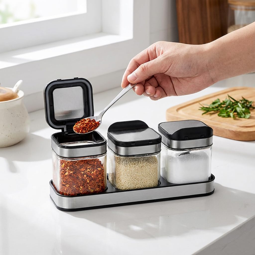 SvaTao Condiment Jar Spice Container with 304 Stainless Steel Lids and Spoons,Clear Glass Condiment Canisters Pots Seasoning Box Salt Container Sugar Bowl Set of 3 for Kitchen, Counter, Food Storage