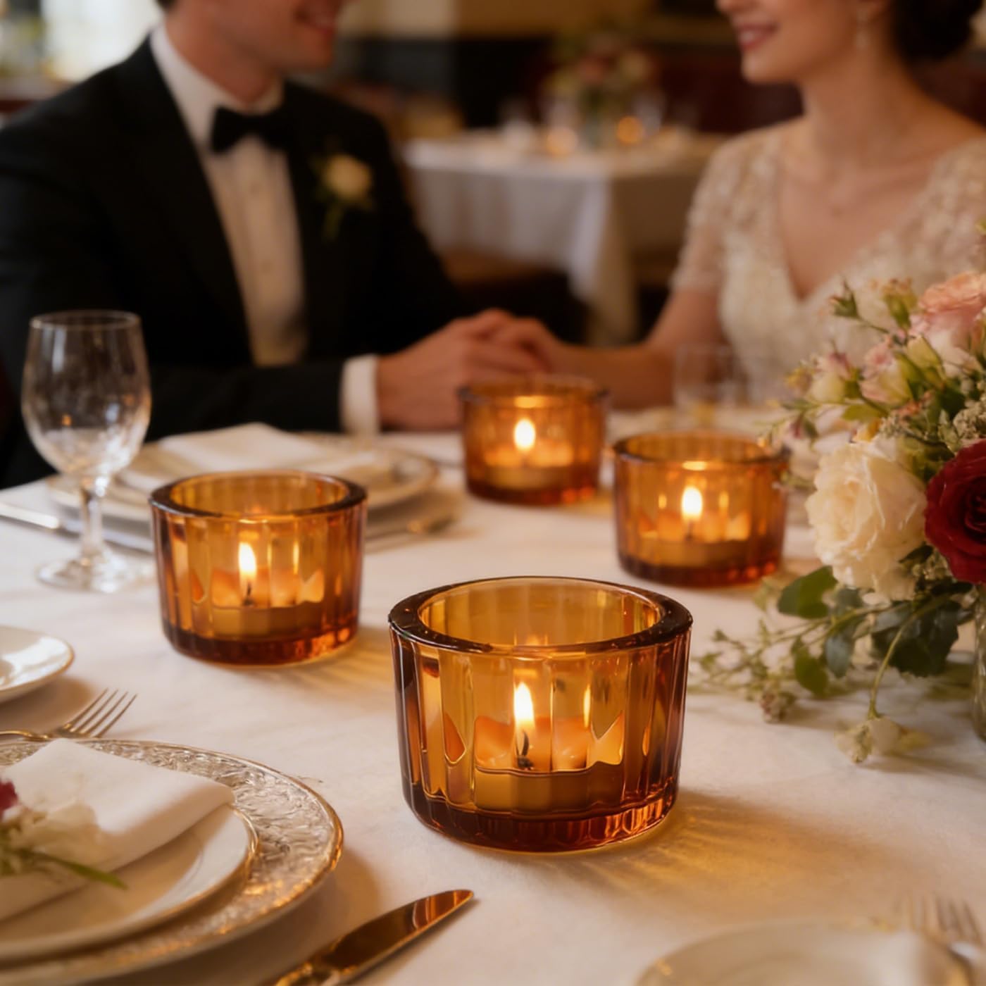 AUMAYCO Amber Tea Light Candle Holders Set of 12, 5cm x 3.5cm Glass Tea Light Holders for Table Centerpiece, Mini Votive Candle Holders for Weddings, Birthday Parties, Home Decor, Table Decor