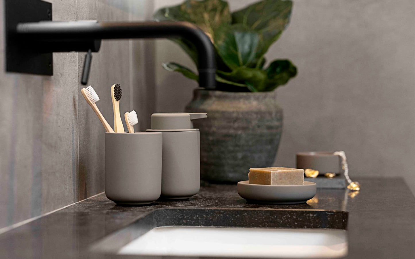 ZONE DENMARK Nova Porcelain Soap Dish with Sophisticated Simplicity Soft Touch Coating - Elevate Your Bathroom Décor, Practical Design, Style and Functionality- (Taupe)
