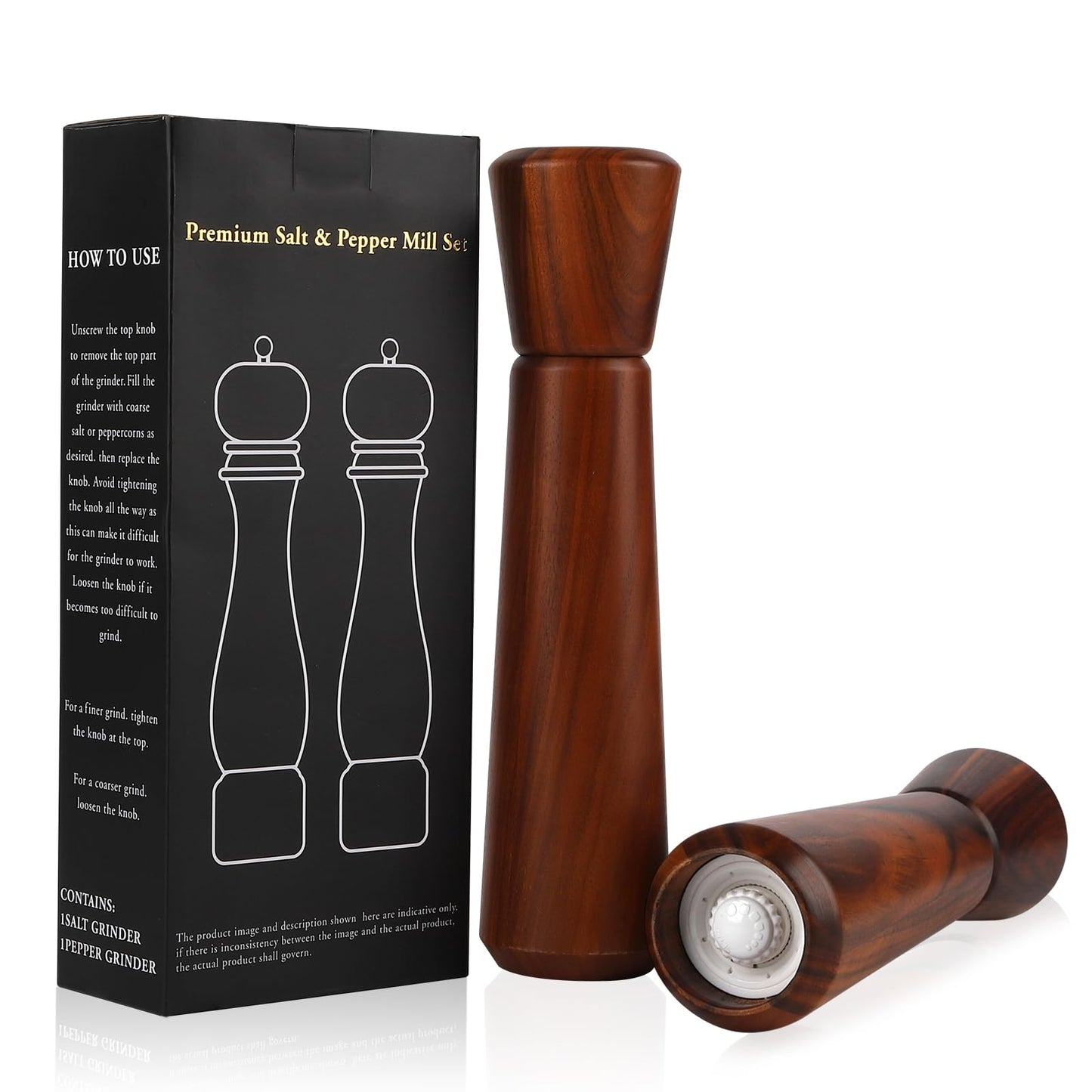 Wooden Salt and Pepper Grinder Set 10In,Salt and Pepper Grinder Refillable with Adjustable Ceramic Rotor, Easy Refill,Acacia Wood Pepper Grinder Manual,Salt and Pepper Shakers set 2-Pack
