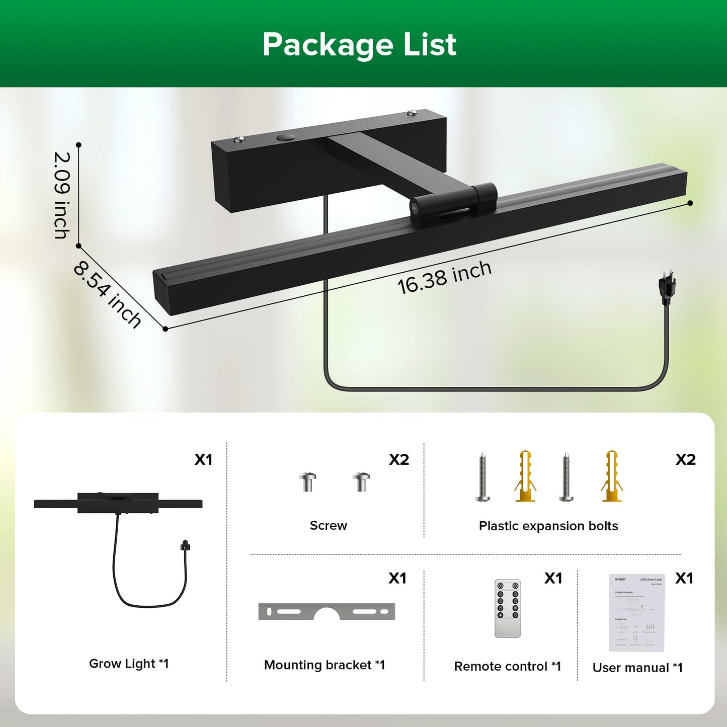 SANSI Grow Lights for Indoor Plants, 35W Wall Mounted Grow Light Full Spectrum, LED Plant Lights for Indoor Growing, High PPFD with 4-Level Dimmer, Auto On Off 4/8/12 Hrs Remote for Greenhouse Seed