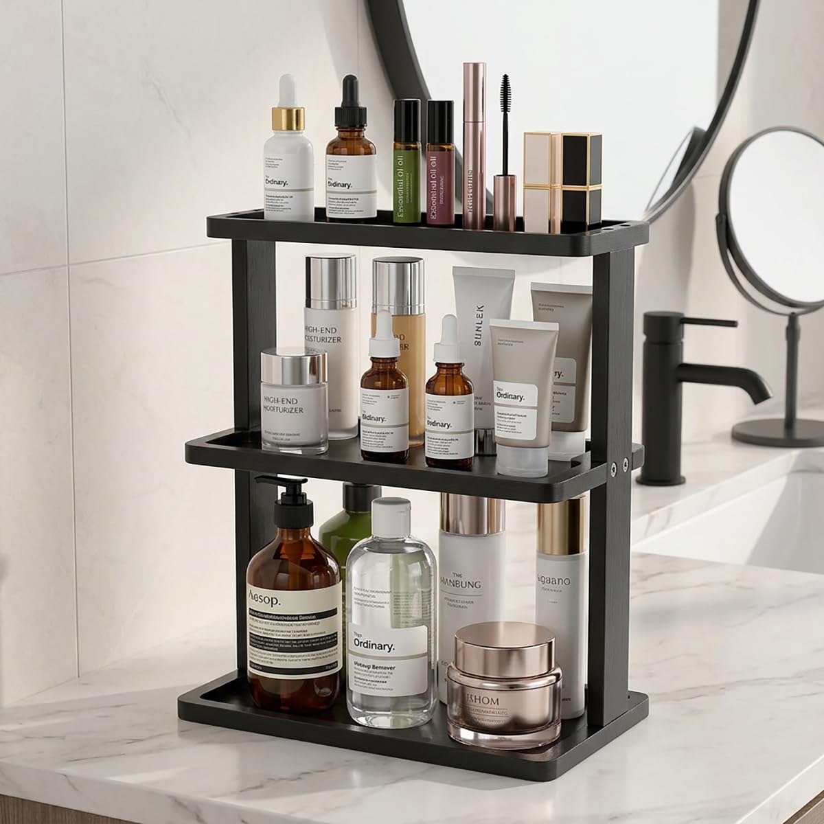 PEKER Bamboo Bathroom Organizer Countertop โ Vanity Storage Shelf for Makeup, Perfume, Skincare โ Natural Cosmetics Display Rack for Dresser, Sink, Kitchen โ Black